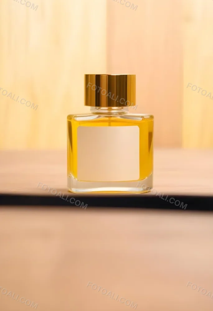 A Perfume Bottle With A Golden Cap And A Blank Label The Bottle Is Filled With A Yellow Liquid Wooden Background 23 1c36