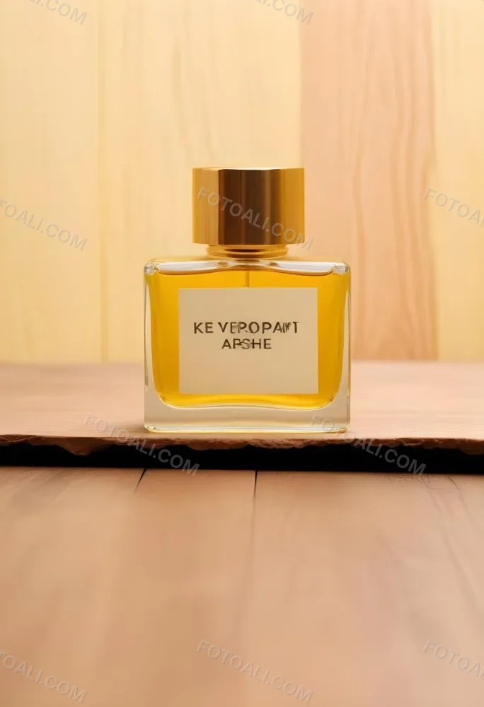A Perfume Bottle With A Golden Cap And A Blank Label The Bottle Is Filled With A Yellow Liquid Wooden Background 29 Ddd7
