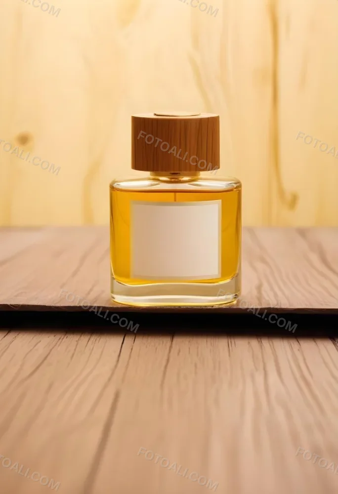 A Perfume Bottle With A Golden Cap And A Blank Label The Bottle Is Filled With A Yellow Liquid Wooden Background 3 Bb1e
