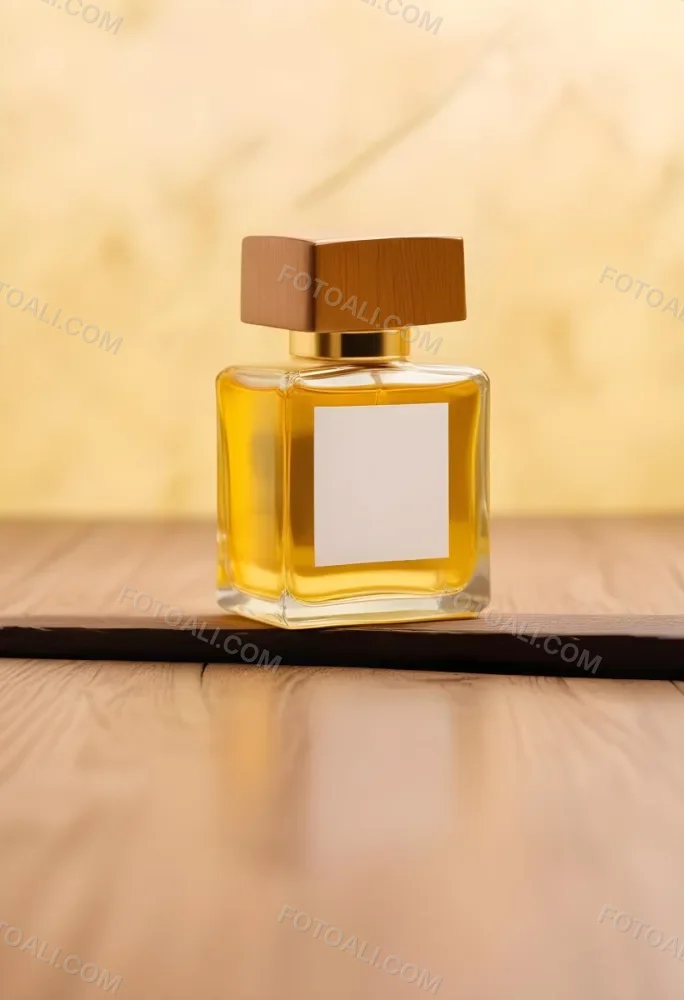 A Perfume Bottle With A Golden Cap And A Blank Label The Bottle Is Filled With A Yellow Liquid Wooden Background 32 E6e5