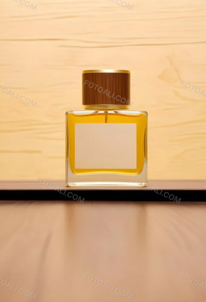 A Perfume Bottle With A Golden Cap And A Blank Label The Bottle Is Filled With A Yellow Liquid Wooden Background 36 Ff23