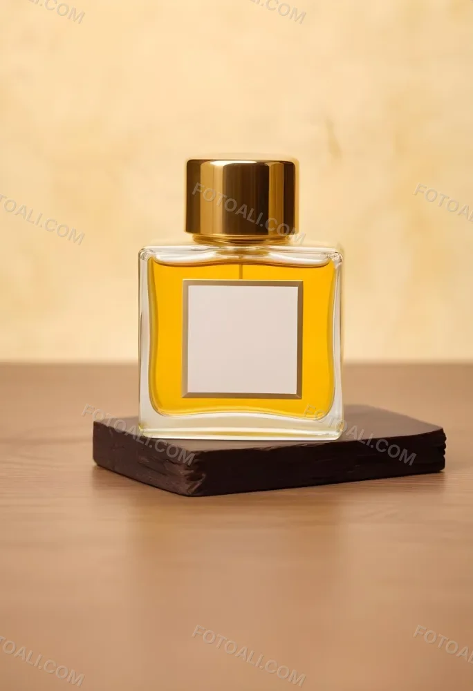 A Perfume Bottle With A Golden Cap And A Blank Label The Bottle Is Filled With A Yellow Liquid Wooden Background 37 Bccf
