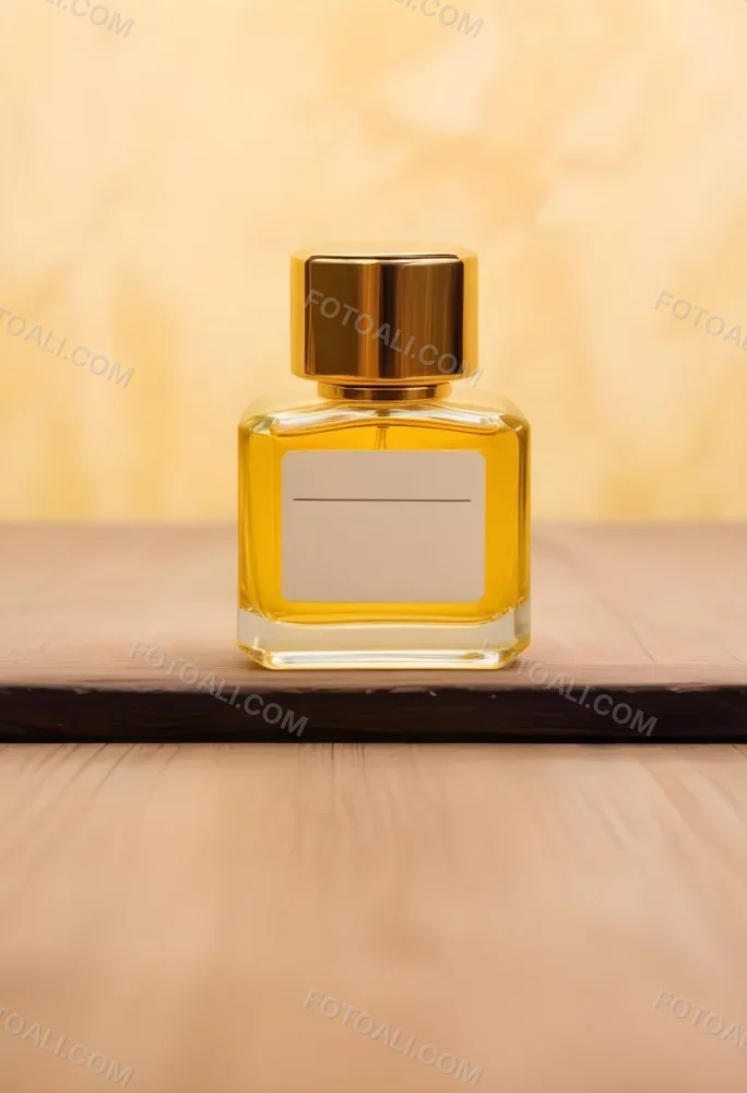 A Perfume Bottle With A Golden Cap And A Blank Label The Bottle Is Filled With A Yellow Liquid Wooden Background 40 2003