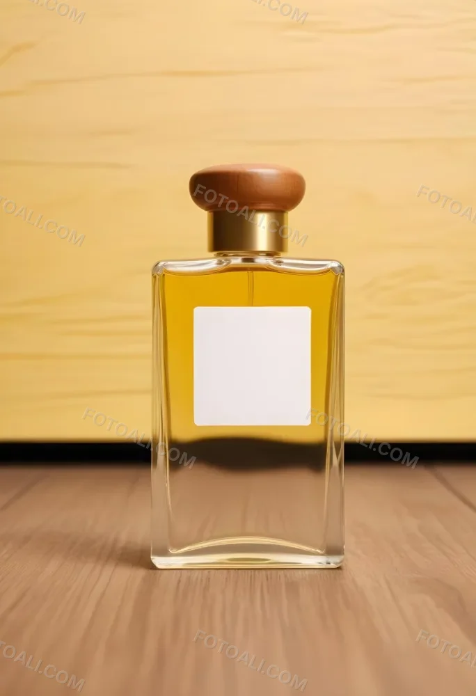 A Perfume Bottle With A Golden Cap And A Blank Label The Bottle Is Filled With A Yellow Liquid Wooden Background 41 B865