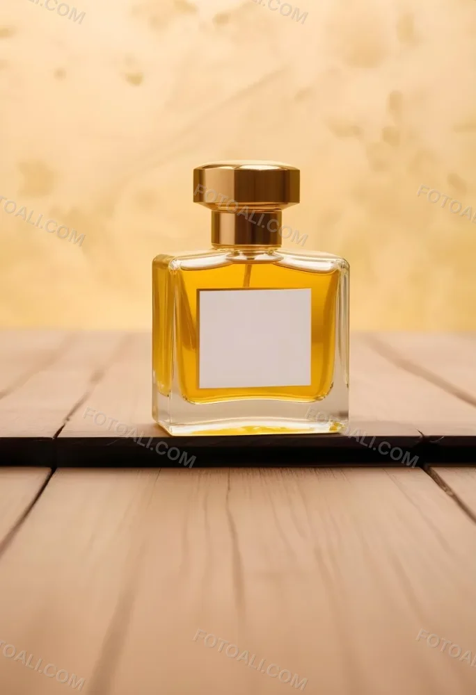 A Perfume Bottle With A Golden Cap And A Blank Label The Bottle Is Filled With A Yellow Liquid Wooden Background 5 1309