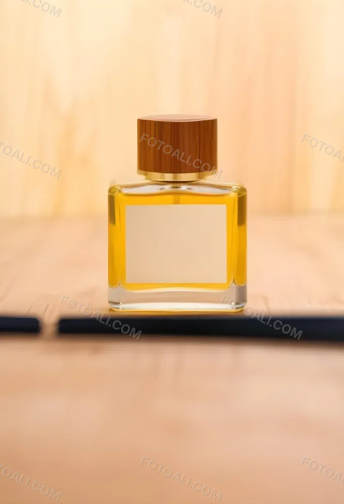 A Perfume Bottle With A Golden Cap And A Blank Label The Bottle Is Filled With A Yellow Liquid Wooden Background 6 5cfc