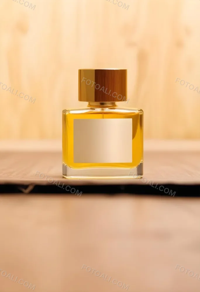 A Perfume Bottle With A Golden Cap And A Blank Label The Bottle Is Filled With A Yellow Liquid Wooden Background 8 6b2e