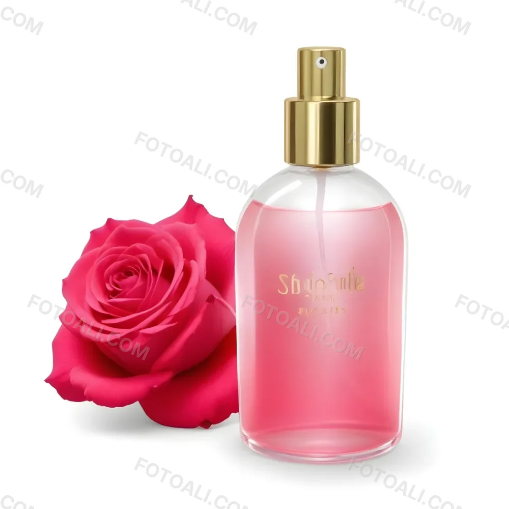 A Perfume Bottle With A Golden Cap Pink Liquid Inside Blurred Pink Flowers In The Background 10 94ad