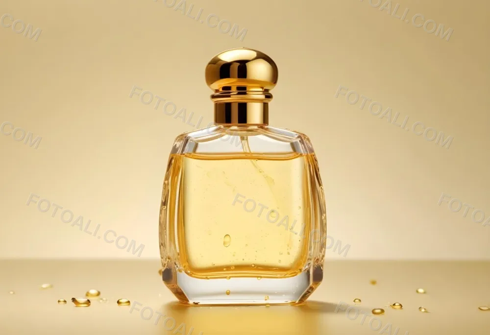 A Perfume Bottle With A Golden Cap Water Drops On The Surface The Liquid Inside Is A Light Yellow Color Plain Background 1 B413