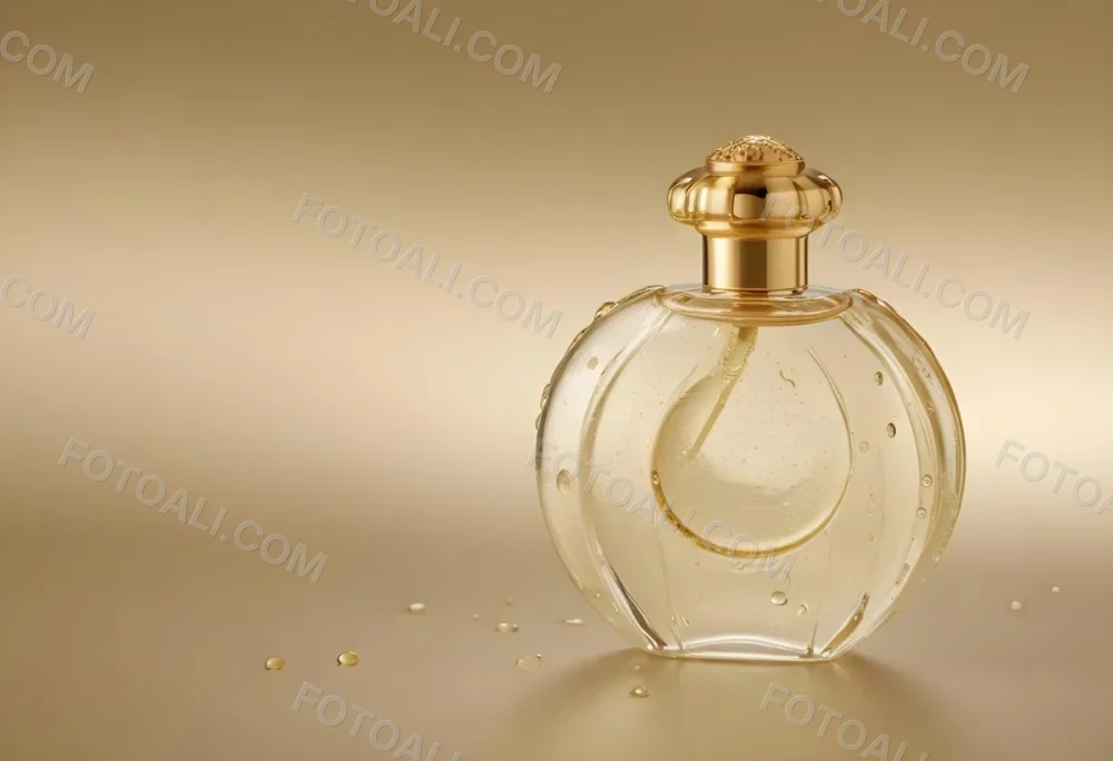 A Perfume Bottle With A Golden Cap Water Drops On The Surface The Liquid Inside Is A Light Yellow Color Plain Background 19 5208