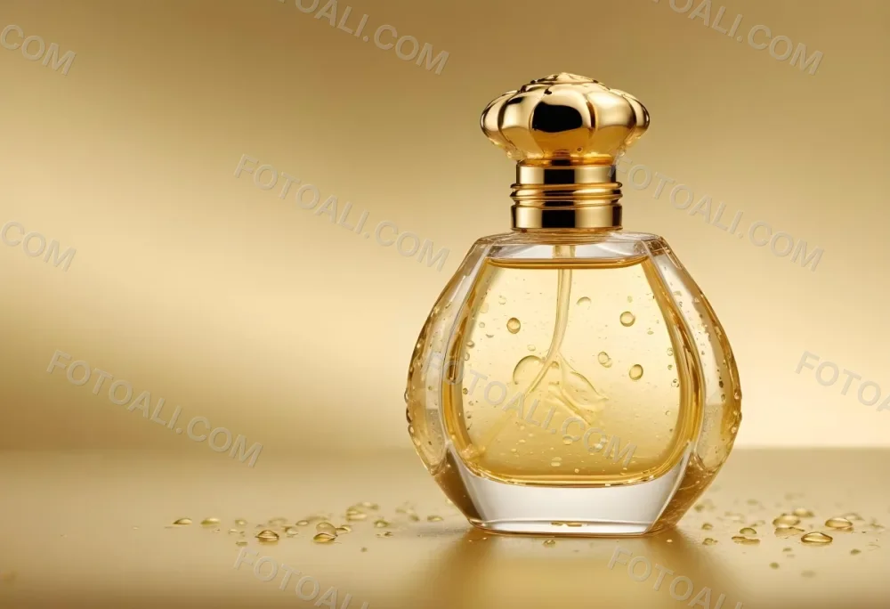 A Perfume Bottle With A Golden Cap Water Drops On The Surface The Liquid Inside Is A Light Yellow Color Plain Background 25 Faa5
