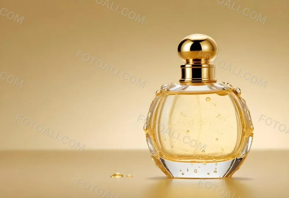 A Perfume Bottle With A Golden Cap Water Drops On The Surface The Liquid Inside Is A Light Yellow Color Plain Background 26 Cd34
