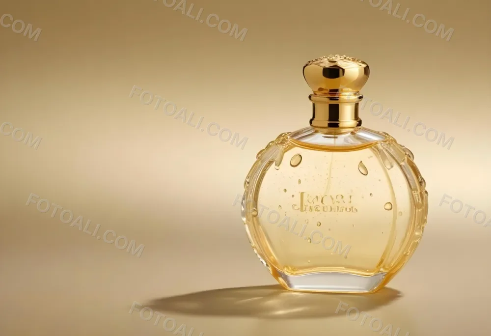 A Perfume Bottle With A Golden Cap Water Drops On The Surface The Liquid Inside Is A Light Yellow Color Plain Background 27 020d