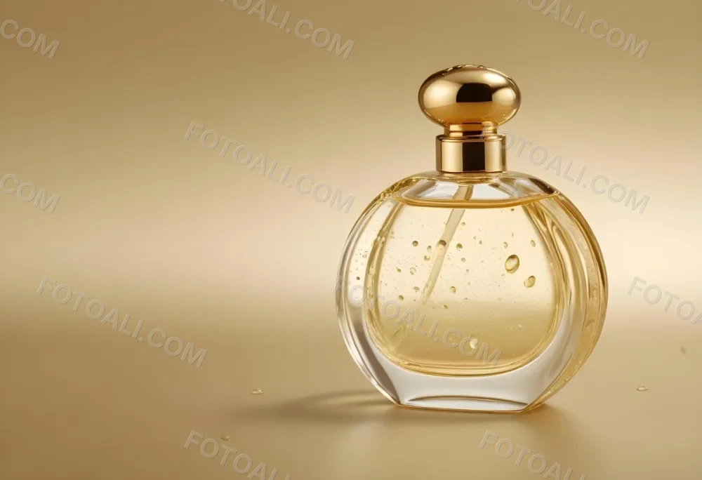 A Perfume Bottle With A Golden Cap Water Drops On The Surface The Liquid Inside Is A Light Yellow Color Plain Background 28 905a
