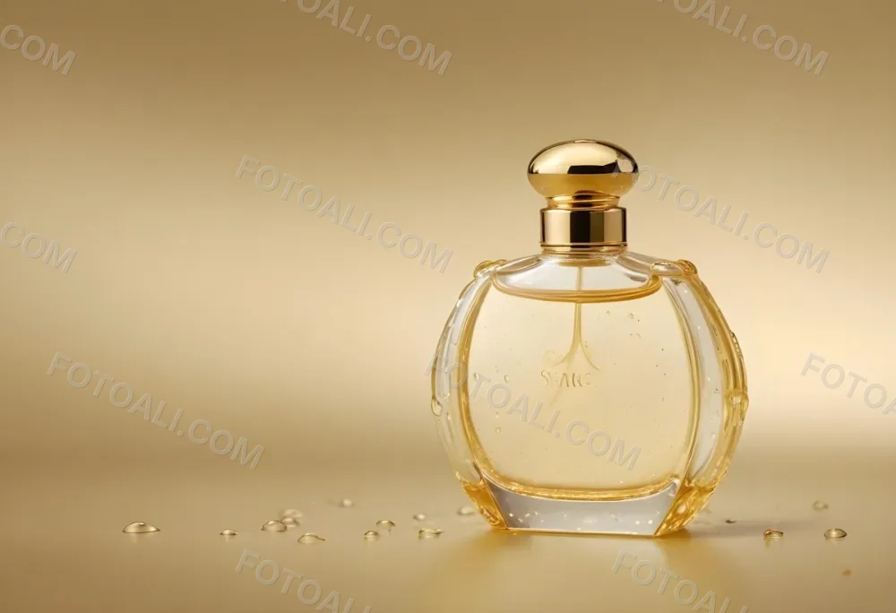 A Perfume Bottle With A Golden Cap Water Drops On The Surface The Liquid Inside Is A Light Yellow Color Plain Background 29 2e87