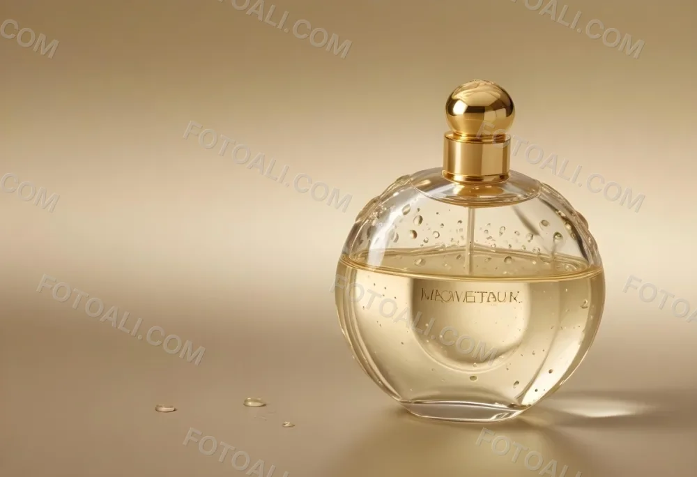 A Perfume Bottle With A Golden Cap Water Drops On The Surface The Liquid Inside Is A Light Yellow Color Plain Background 3 3372