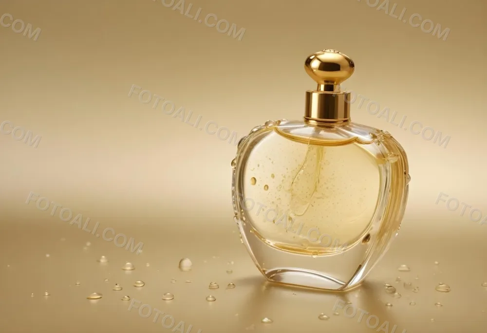 A Perfume Bottle With A Golden Cap Water Drops On The Surface The Liquid Inside Is A Light Yellow Color Plain Background 31 79d5