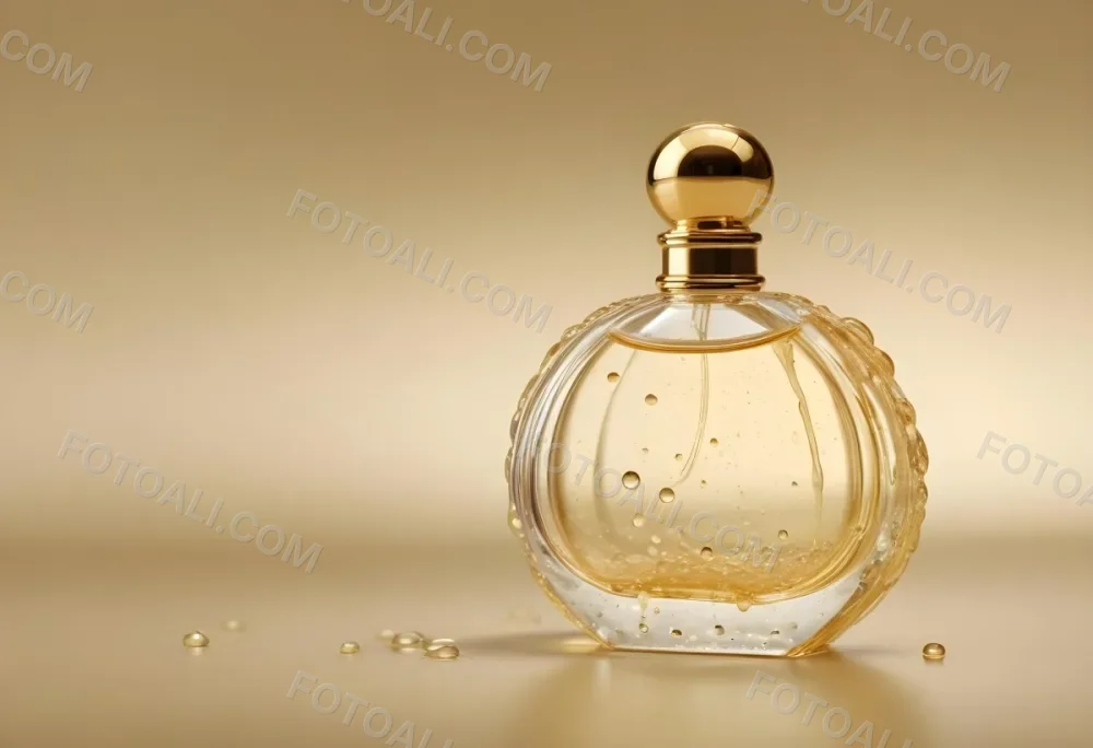 A Perfume Bottle With A Golden Cap Water Drops On The Surface The Liquid Inside Is A Light Yellow Color Plain Background 32 2428