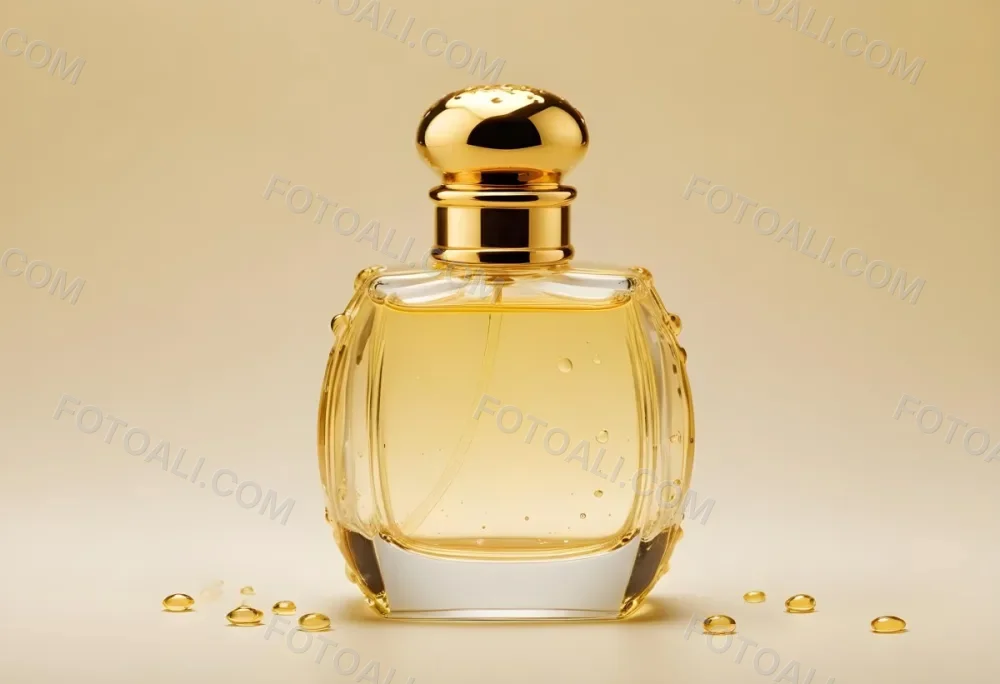 A Perfume Bottle With A Golden Cap Water Drops On The Surface The Liquid Inside Is A Light Yellow Color Plain Background 4 9ecb