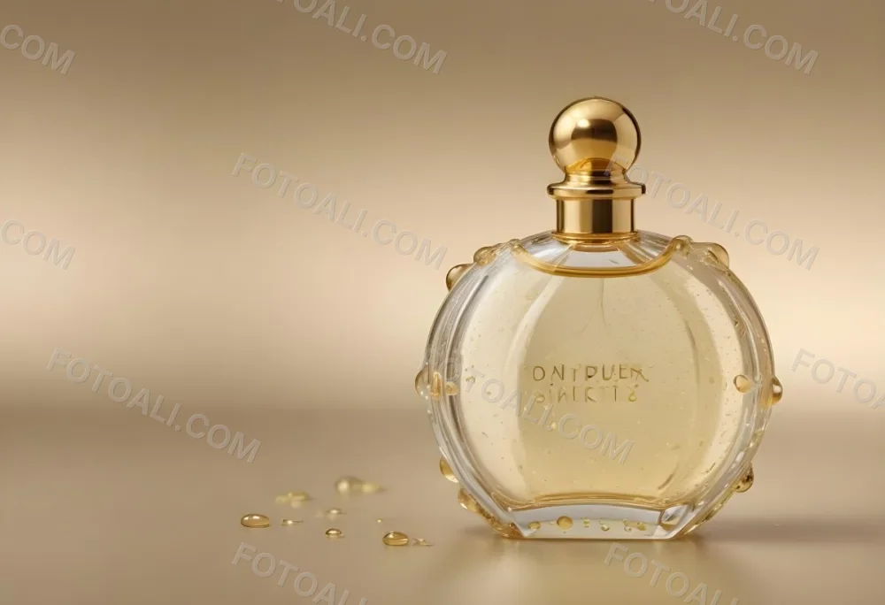 A Perfume Bottle With A Golden Cap Water Drops On The Surface The Liquid Inside Is A Light Yellow Color Plain Background 7 8d8e