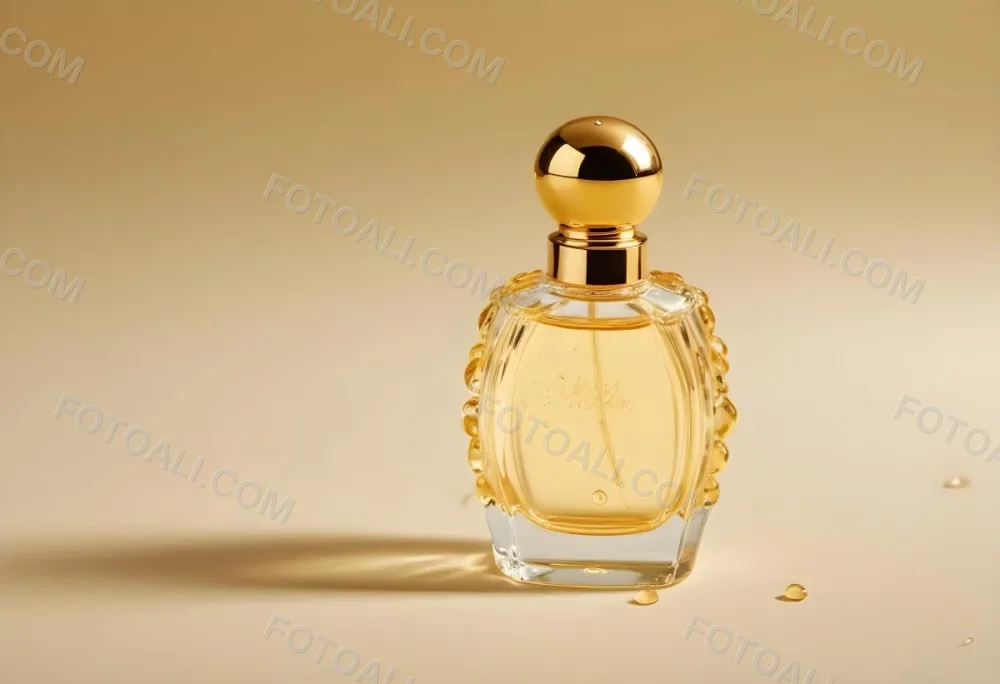 A Perfume Bottle With A Golden Cap Water Drops On The Surface The Liquid Inside Is A Light Yellow Color Plain Background 8 Fe21