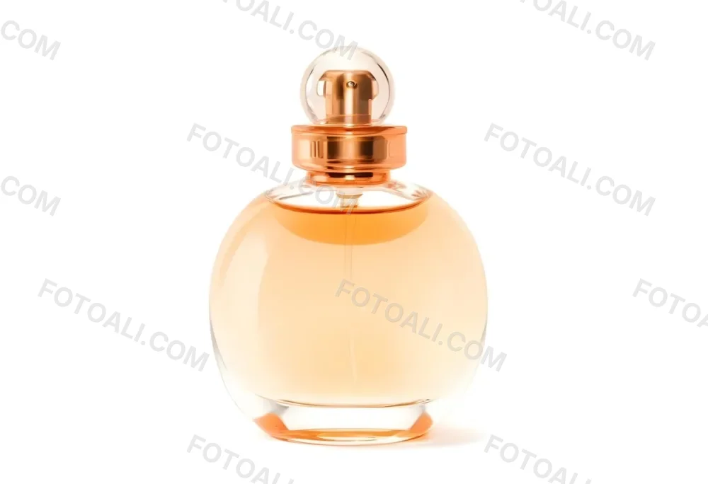 A Perfume Bottle With A Round Body And A Spherical Cap Filled With A Light Orange Liquid On A White Background 2 3b48