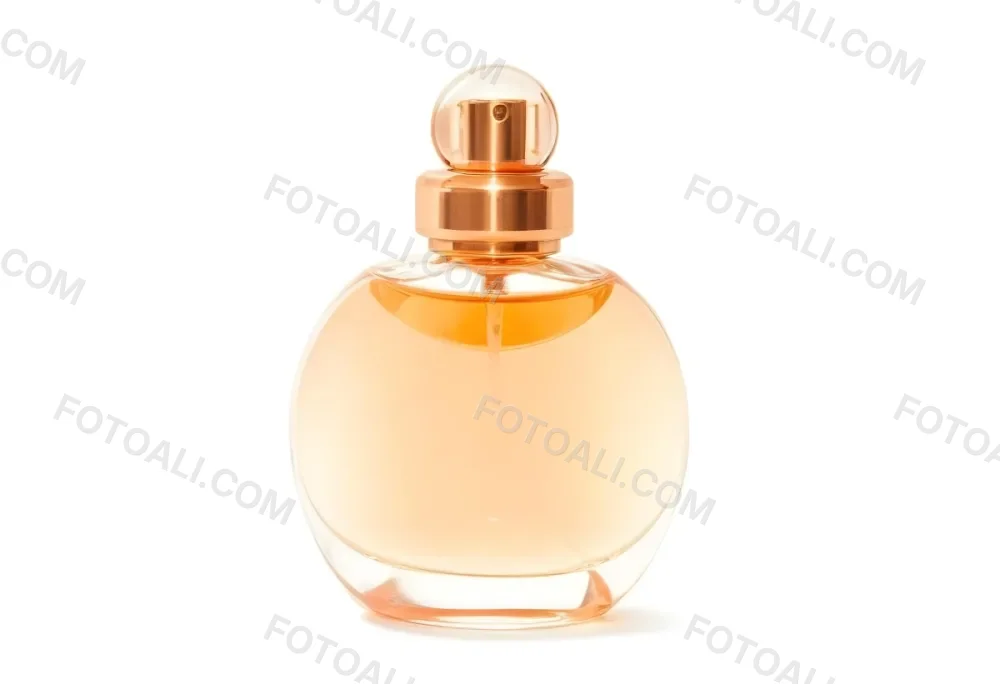 A Perfume Bottle With A Round Body And A Spherical Cap Filled With A Light Orange Liquid On A White Background 20 Ef96