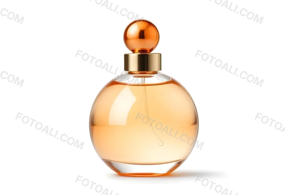 A Perfume Bottle With A Round Body And A Spherical Cap Filled With A Light Orange Liquid On A White Background 23 7d75