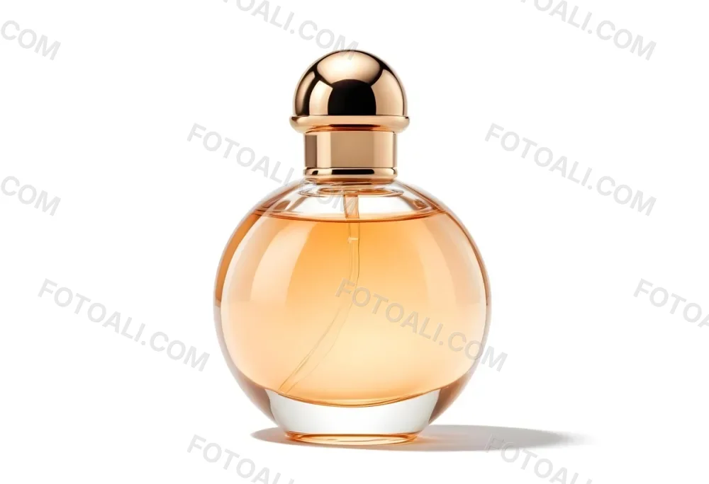 A Perfume Bottle With A Round Body And A Spherical Cap Filled With A Light Orange Liquid On A White Background 24 64e3