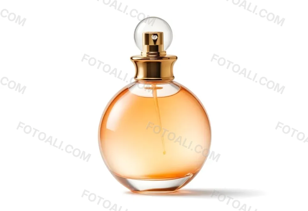 A Perfume Bottle With A Round Body And A Spherical Cap Filled With A Light Orange Liquid On A White Background 29 E8ff