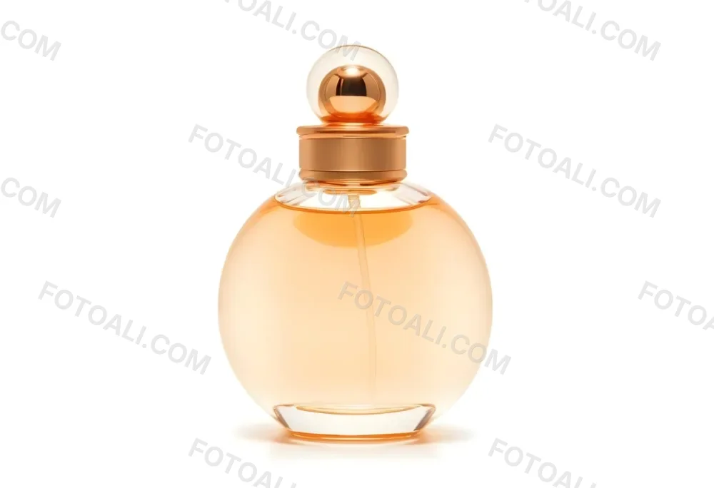 A Perfume Bottle With A Round Body And A Spherical Cap Filled With A Light Orange Liquid On A White Background 4 A863