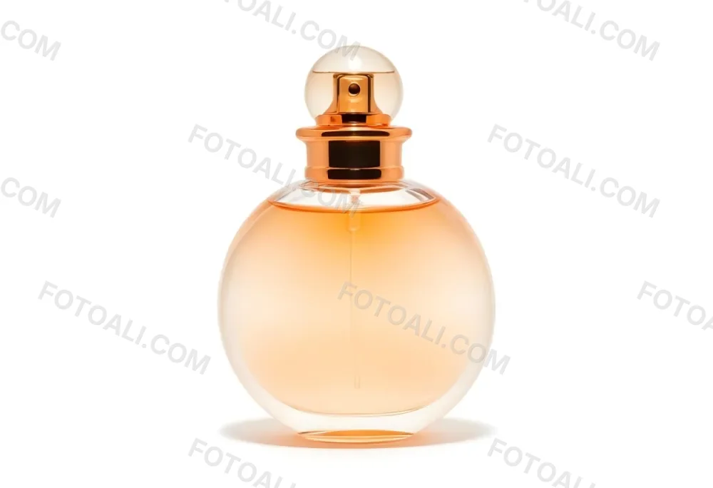 A Perfume Bottle With A Round Body And A Spherical Cap Filled With A Light Orange Liquid On A White Background 42 Ff93