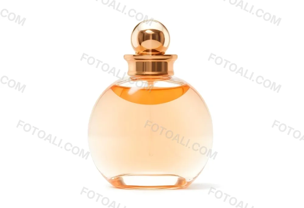 A Perfume Bottle With A Round Body And A Spherical Cap Filled With A Light Orange Liquid On A White Background 43 3dc7
