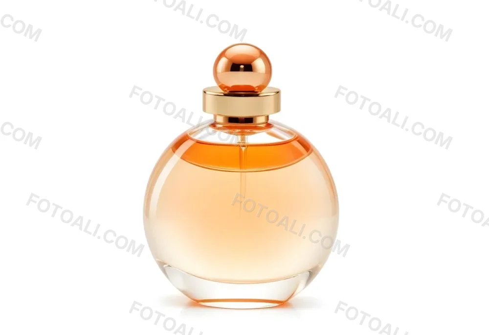 A Perfume Bottle With A Round Body And A Spherical Cap Filled With A Light Orange Liquid On A White Background 46 80b2