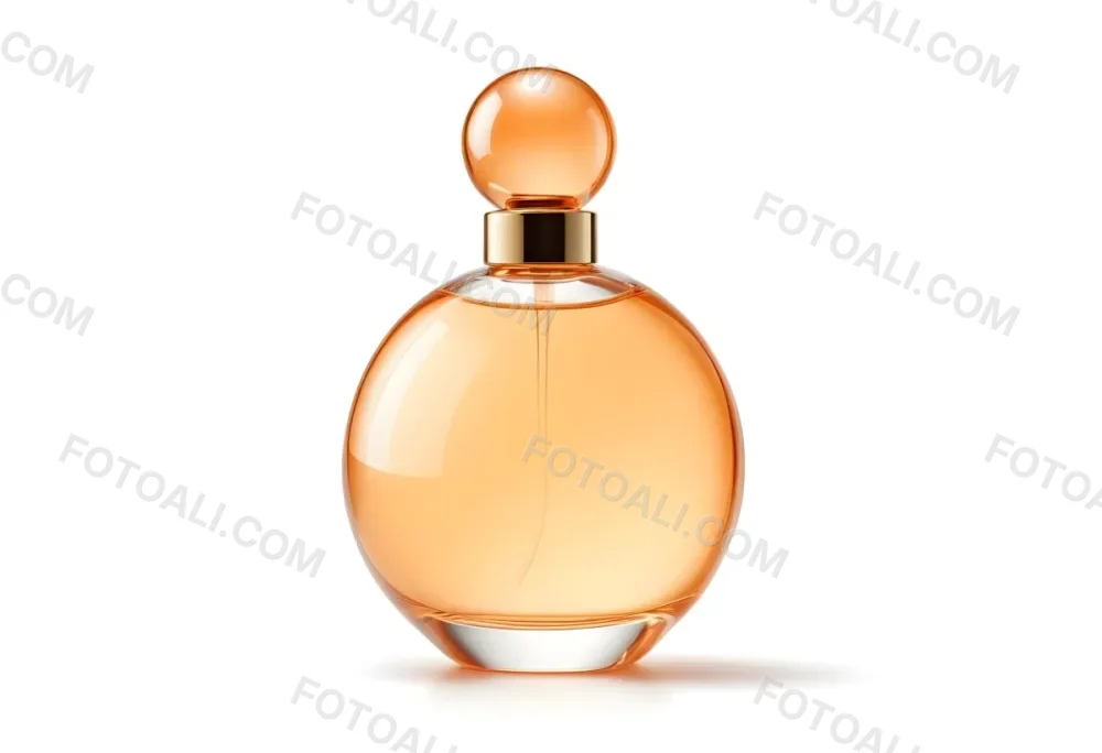 A Perfume Bottle With A Round Body And A Spherical Cap Filled With A Light Orange Liquid On A White Background 7 Bd79