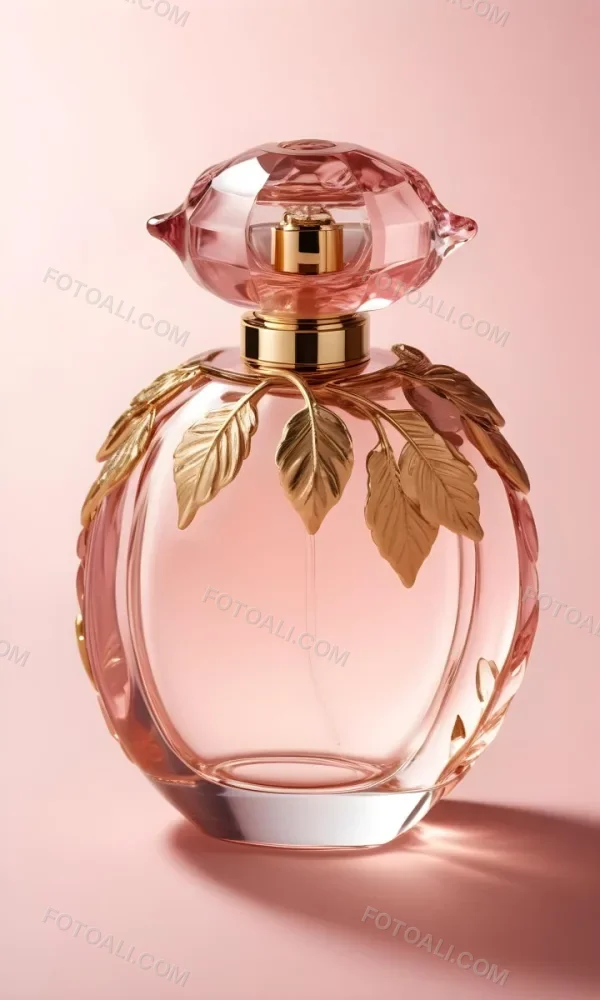 A Perfume Bottle With A Round Cap And Gold Leaves The Bottle Is Round And Made Of Glass Light Pink Background 13 8e83