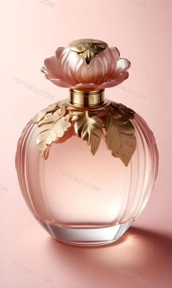 A Perfume Bottle With A Round Cap And Gold Leaves The Bottle Is Round And Made Of Glass Light Pink Background 15 13be