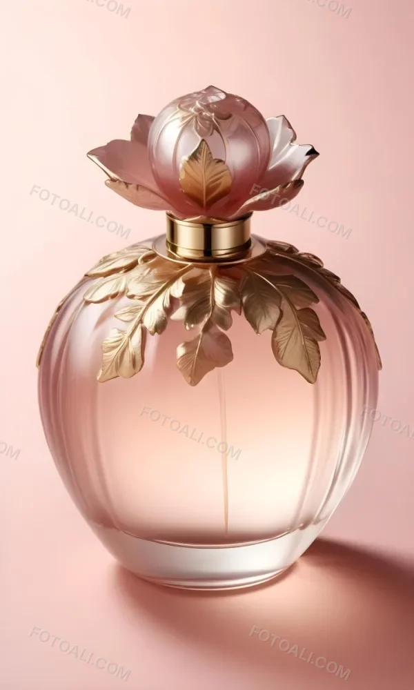 A Perfume Bottle With A Round Cap And Gold Leaves The Bottle Is Round And Made Of Glass Light Pink Background 3 48d5