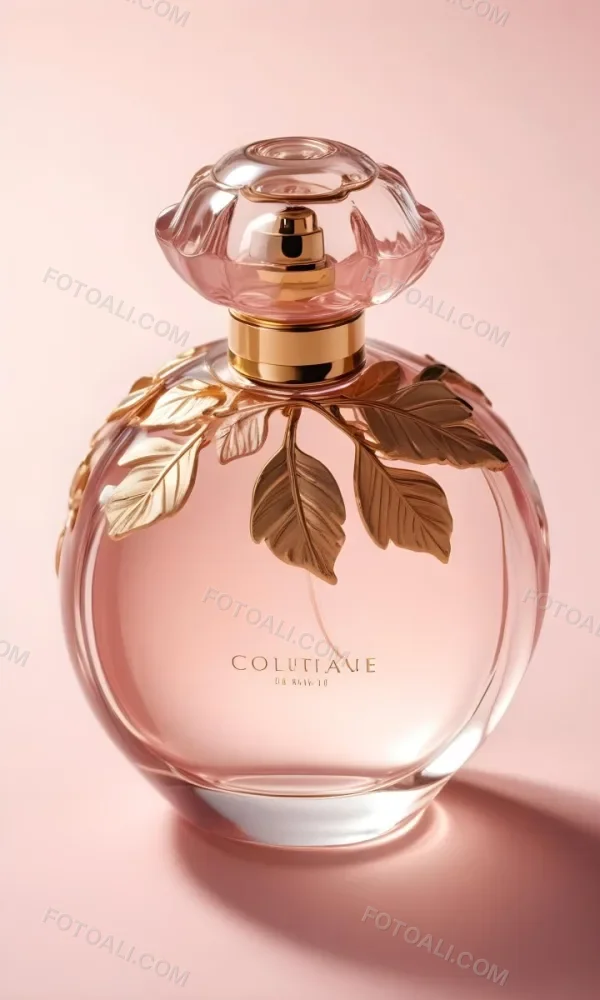 A Perfume Bottle With A Round Cap And Gold Leaves The Bottle Is Round And Made Of Glass Light Pink Background 40 A024