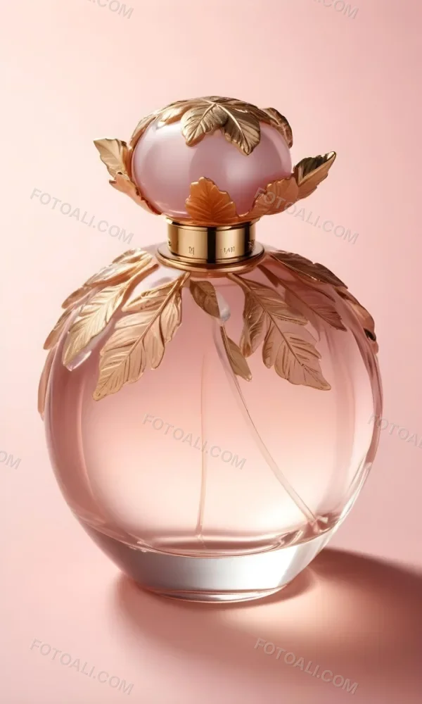 A Perfume Bottle With A Round Cap And Gold Leaves The Bottle Is Round And Made Of Glass Light Pink Background 42 903e