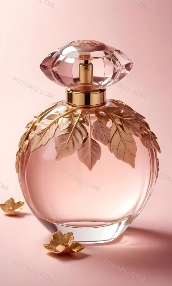 A Perfume Bottle With A Round Cap And Gold Leaves The Bottle Is Round And Made Of Glass Light Pink Background 45 Ed58