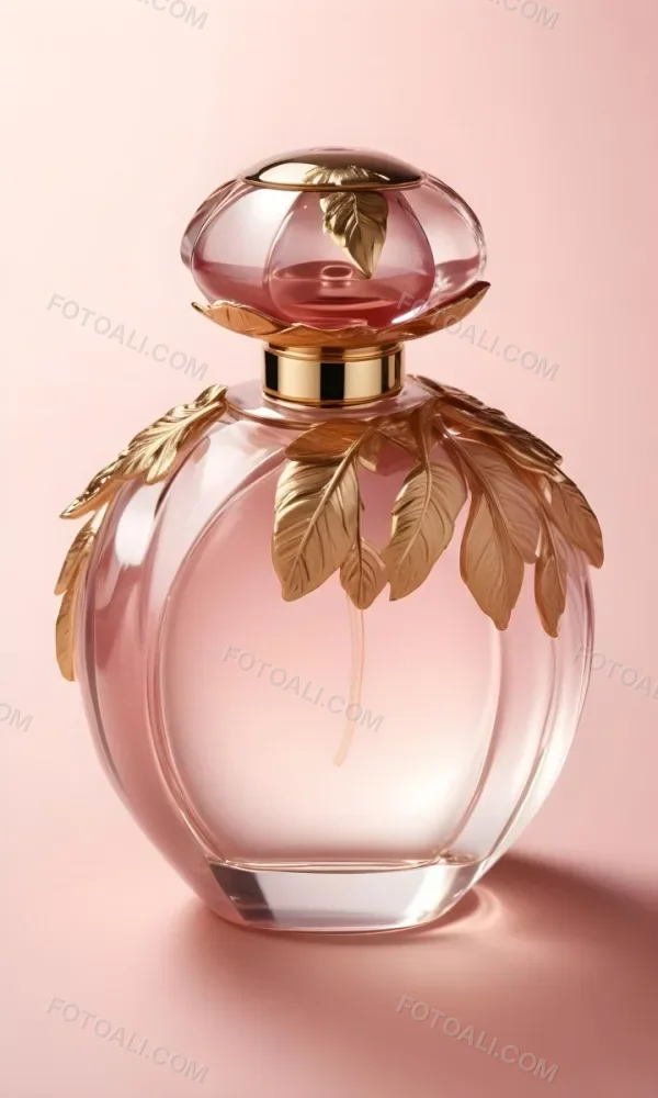 A Perfume Bottle With A Round Cap And Gold Leaves The Bottle Is Round And Made Of Glass Light Pink Background 46 481a
