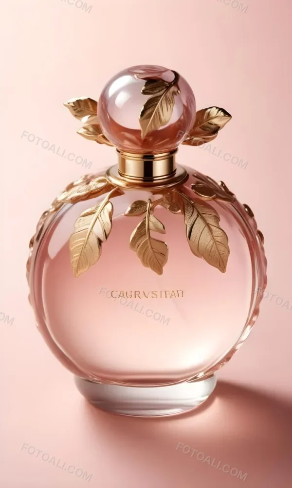 A Perfume Bottle With A Round Cap And Gold Leaves The Bottle Is Round And Made Of Glass Light Pink Background 47 6a0e