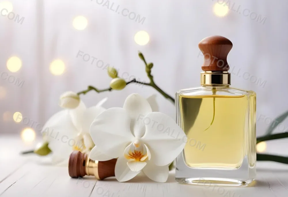 A Perfume Bottle With A Wooden Cap And A White Orchid On A White Wooden Surface With Bokeh Lights In The Background 1 450c