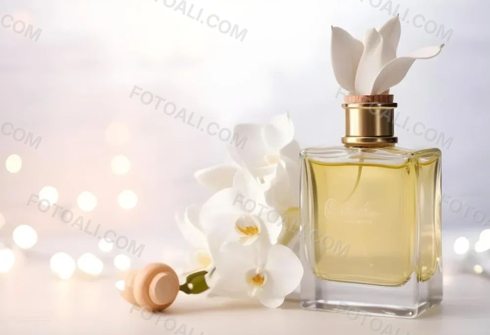 A Perfume Bottle With A Wooden Cap And A White Orchid On A White Wooden Surface With Bokeh Lights In The Background 19 9d2c