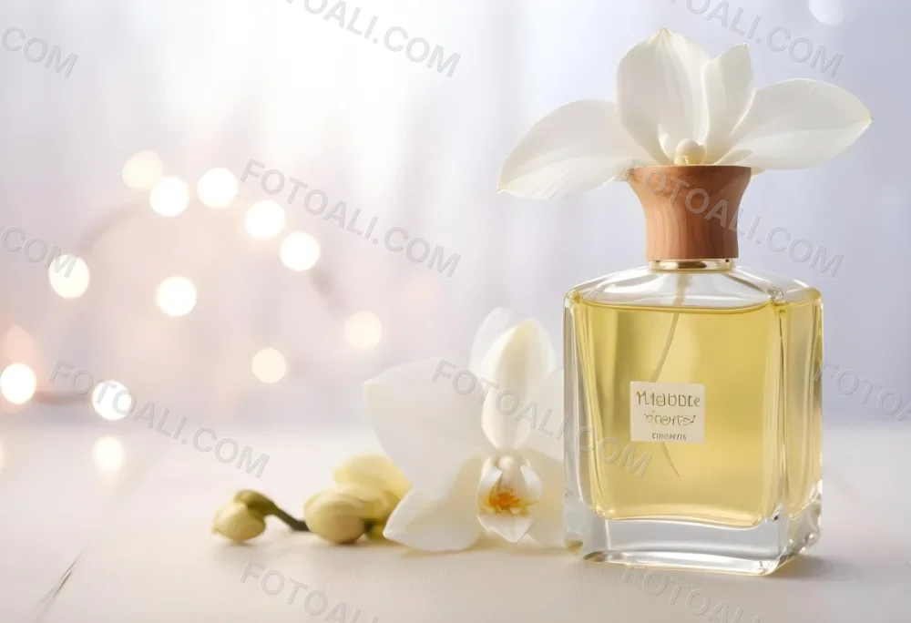 A Perfume Bottle With A Wooden Cap And A White Orchid On A White Wooden Surface With Bokeh Lights In The Background 20 A722