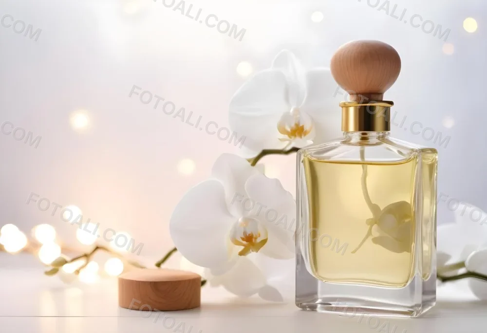A Perfume Bottle With A Wooden Cap And A White Orchid On A White Wooden Surface With Bokeh Lights In The Background 26 7570