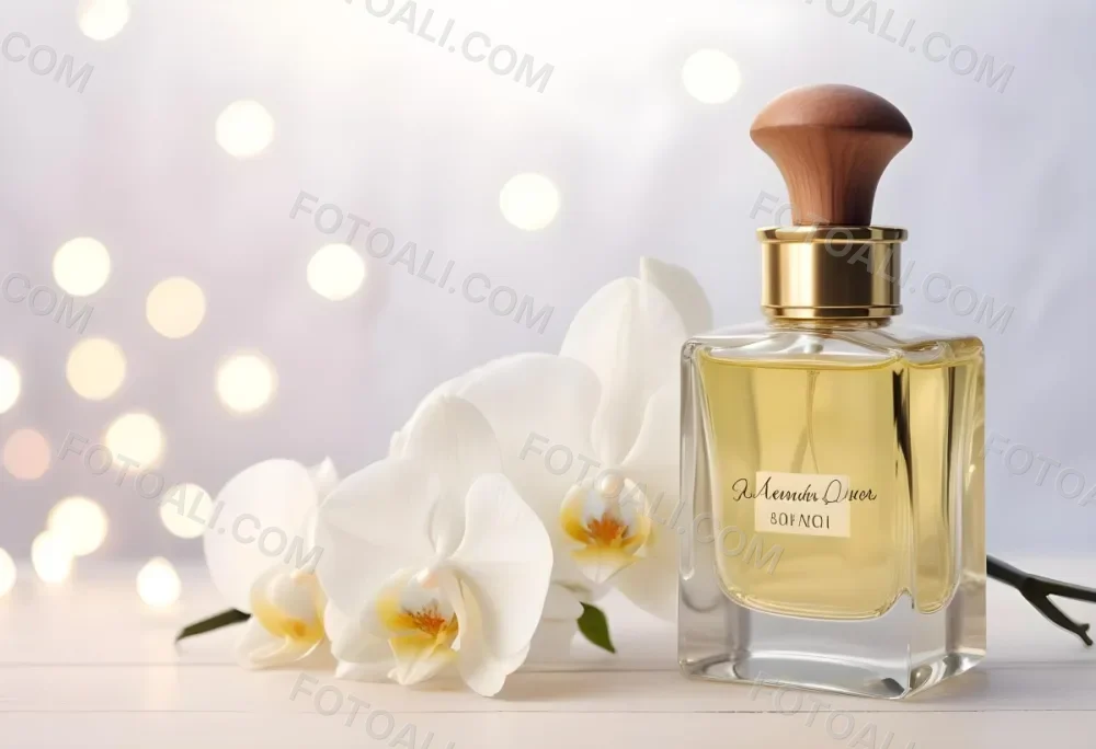 A Perfume Bottle With A Wooden Cap And A White Orchid On A White Wooden Surface With Bokeh Lights In The Background 3 08e9