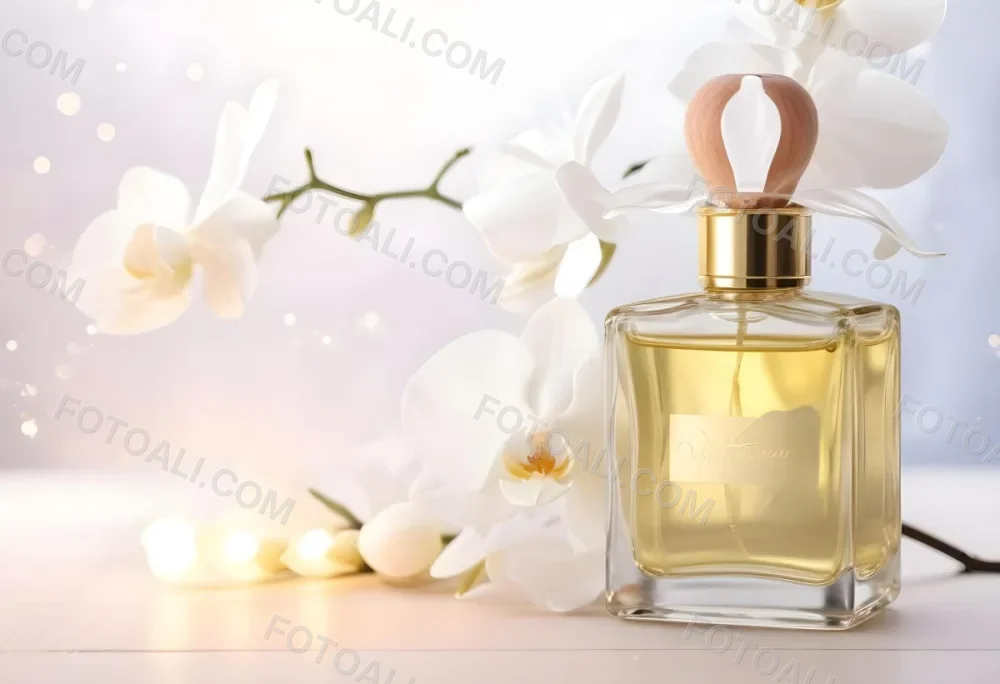 A Perfume Bottle With A Wooden Cap And A White Orchid On A White Wooden Surface With Bokeh Lights In The Background 31 4bd2