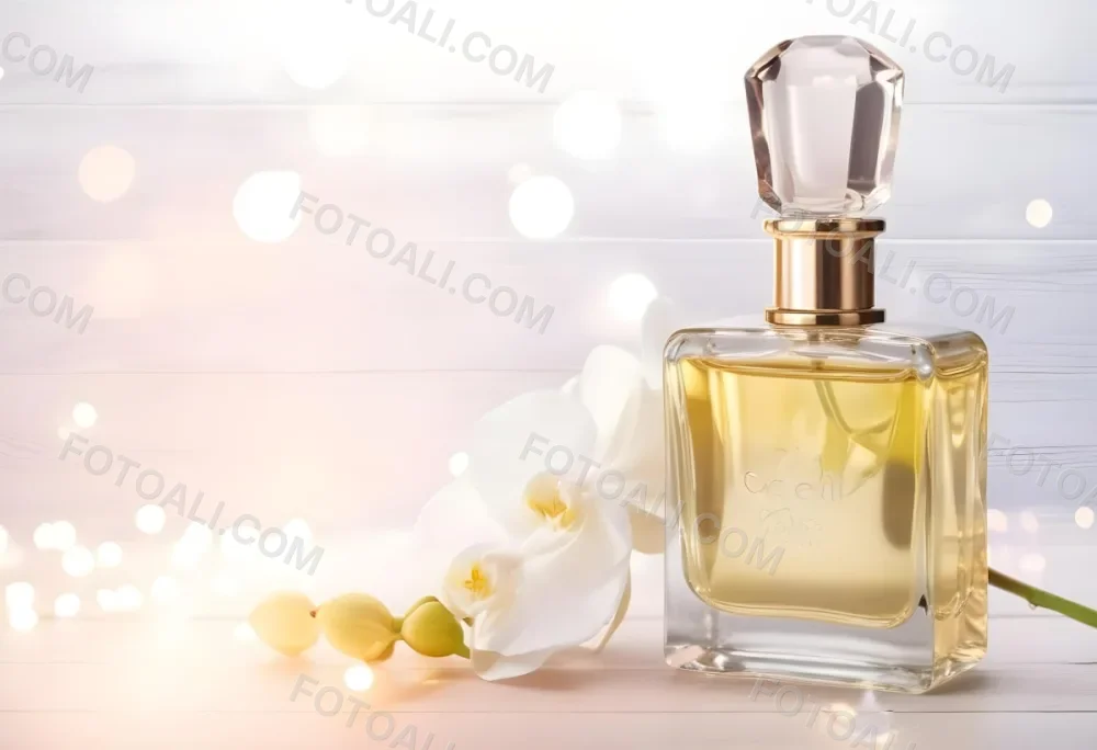 A Perfume Bottle With A Wooden Cap And A White Orchid On A White Wooden Surface With Bokeh Lights In The Background 33 Dada
